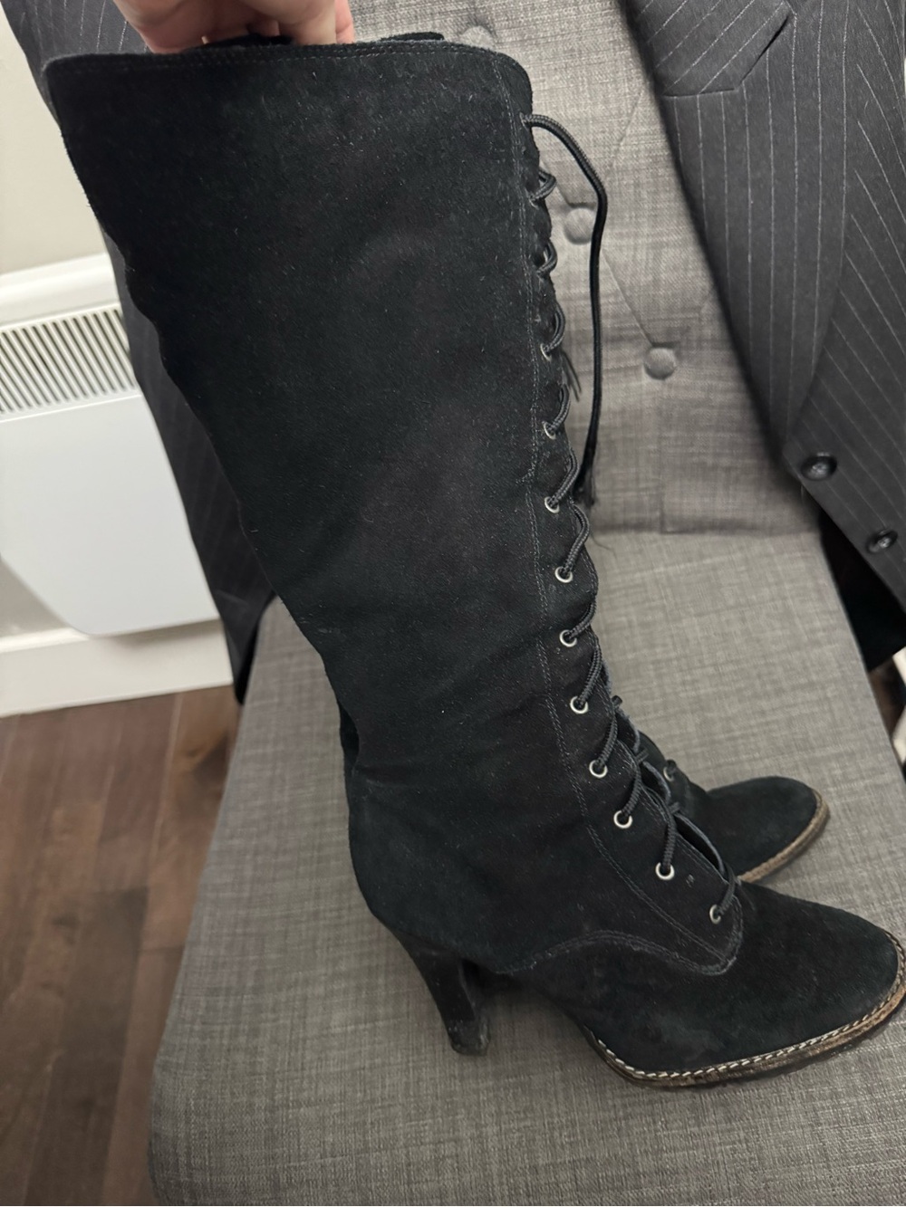 Riverland Women's Black High Heel Lace-Up Suede Knee Boots with Zipper Sz 8